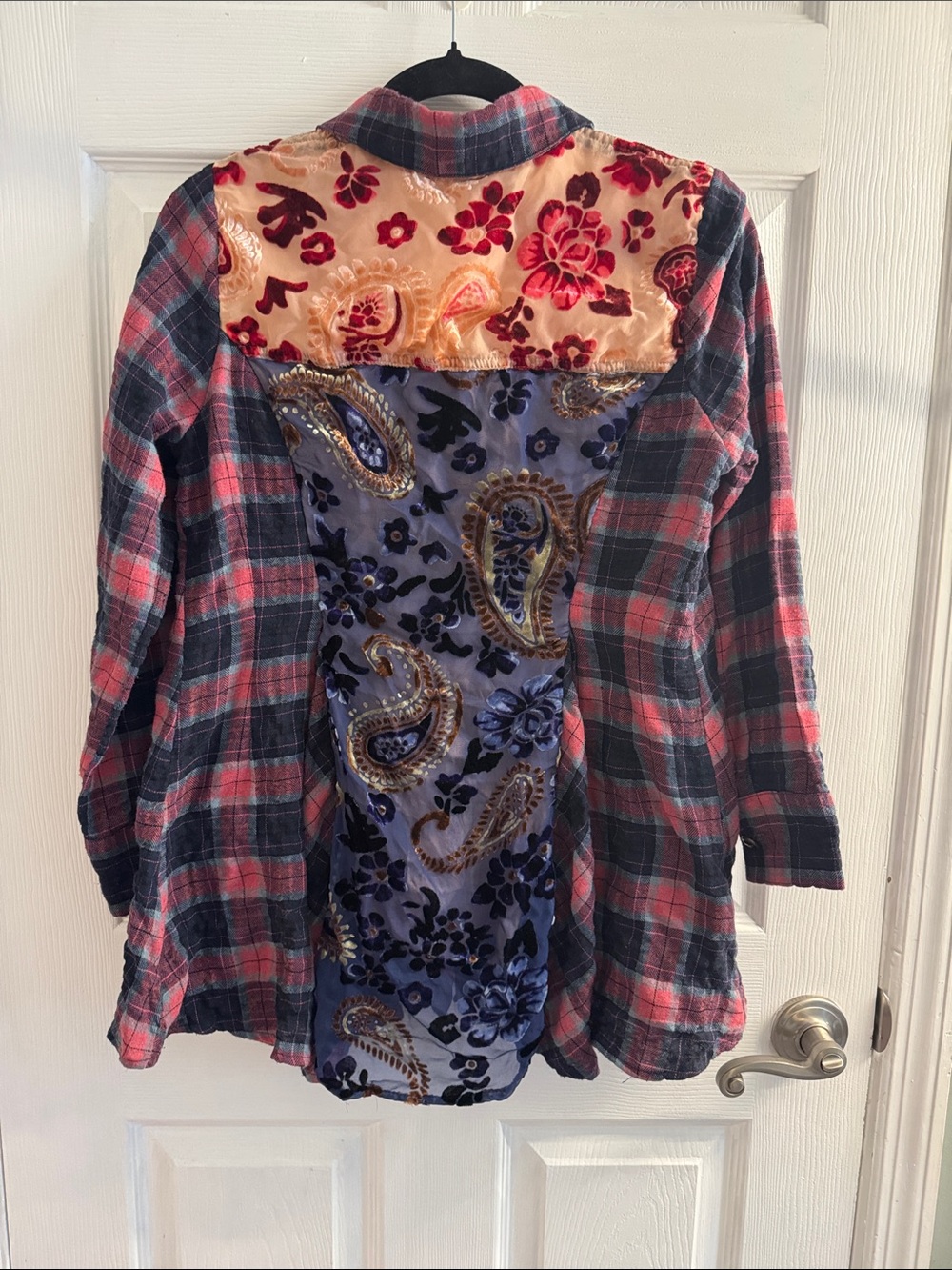 Soft Surroundings Mixed-Print Patchwork Flannel Shirt Jacket in Red, Navy, Gold